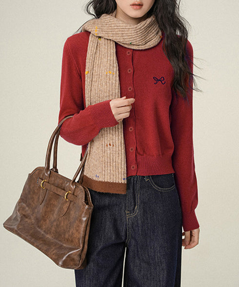 ワンポイントカーディガン リボン刺しゅう ニットトップス レディース 前開き ニットアウター クルーネック ニットセーター 韓国風 カジュアル ニット羽織 着回し 24TPS-052